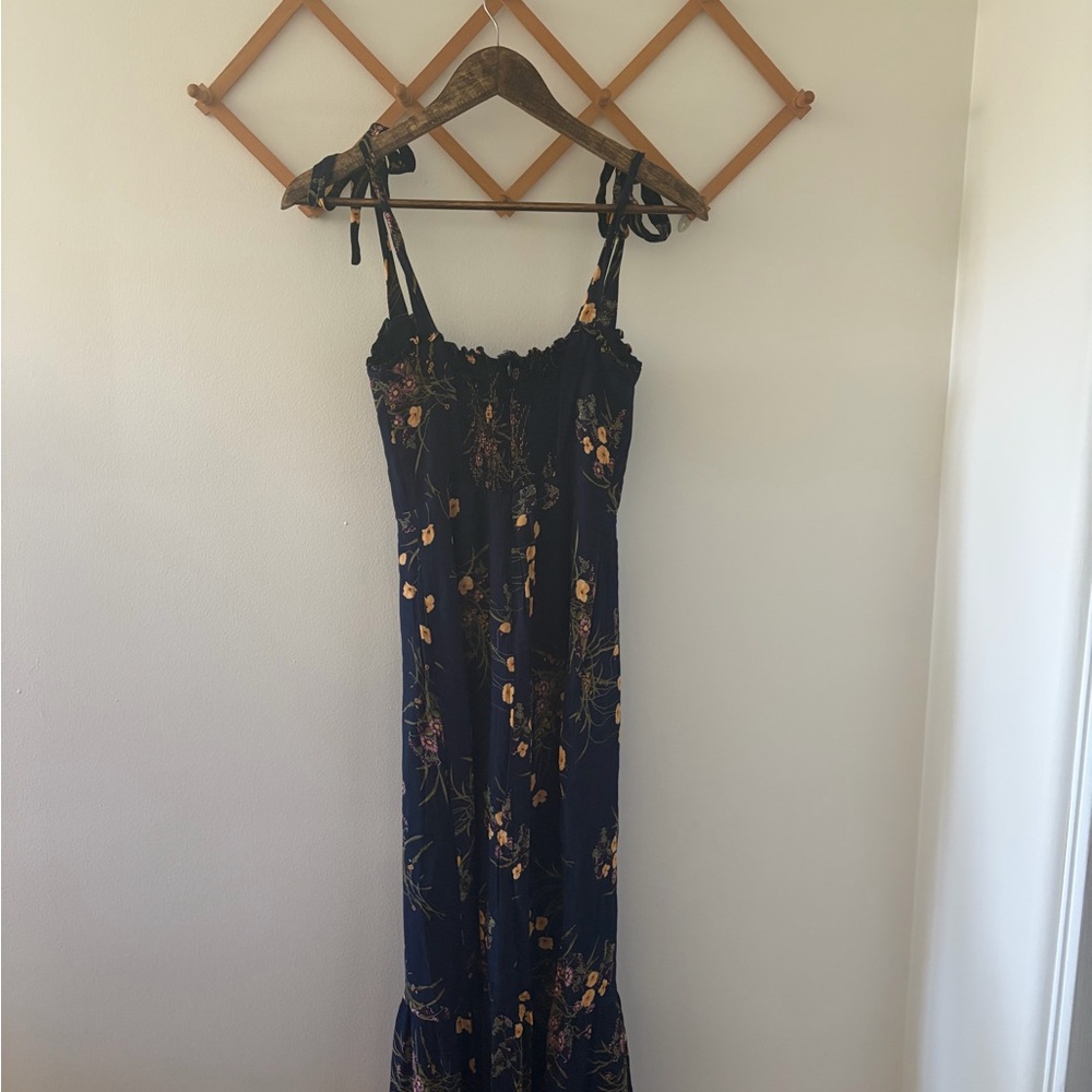 Reformation Navy Floral Tie-Shoulder Midi Dress with Yellow & Pink Blooms - Picture 2 of 5